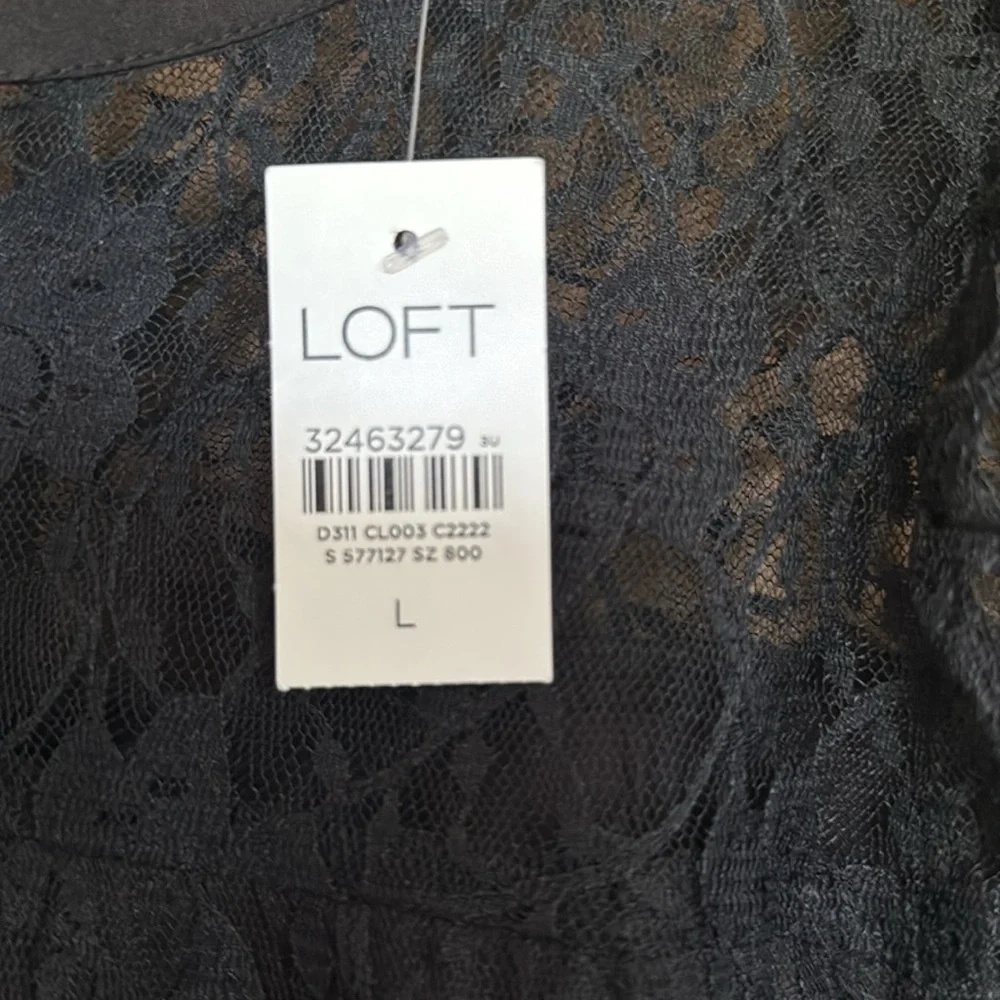 Loft black lace rouched sleeve with some puff sleeve top casual party L